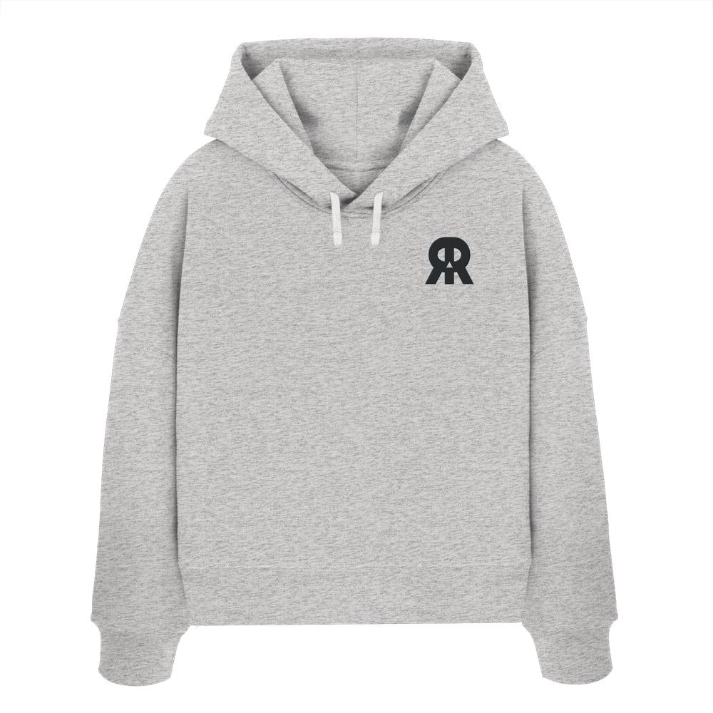 Vegan und Bio Crop Hoodie bestickt: RUDE REBEL Skull, hellgrau mit schwarzen, gespiegelten R-Grafiken, weiße Kordeln, aus 100% Bio-Baumwolle, reguläre Passform.