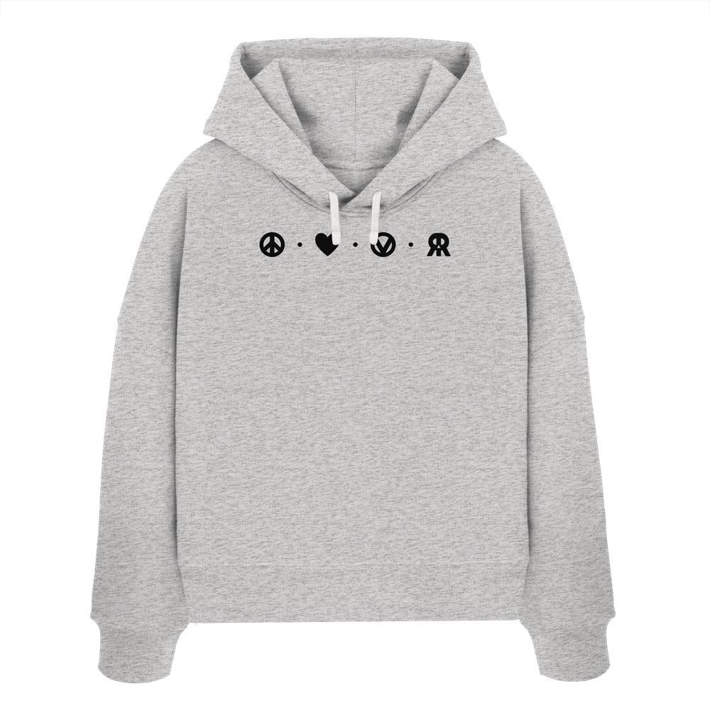 Vegan und Bio Crop Hoodie: Peace - Love - Veganism - RUDE REBEL, grauer Hoodie mit schwarzem Grafikdesign aus Friedenssymbol, Herz, VW-Logo und stilisiertem R, aus 100% Bio-Baumwolle.