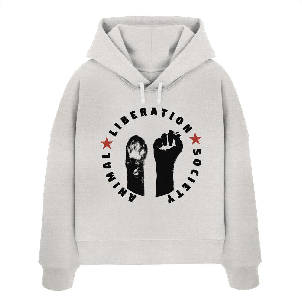 Vegan und Bio Crop Hoodie: Raise paw and fist for Animal Liberation! Weißer Hoodie mit schwarzem, rotem Text und Katzensilhouette, 100% Bio-Baumwolle, rebellisches Design für Tierrechte.