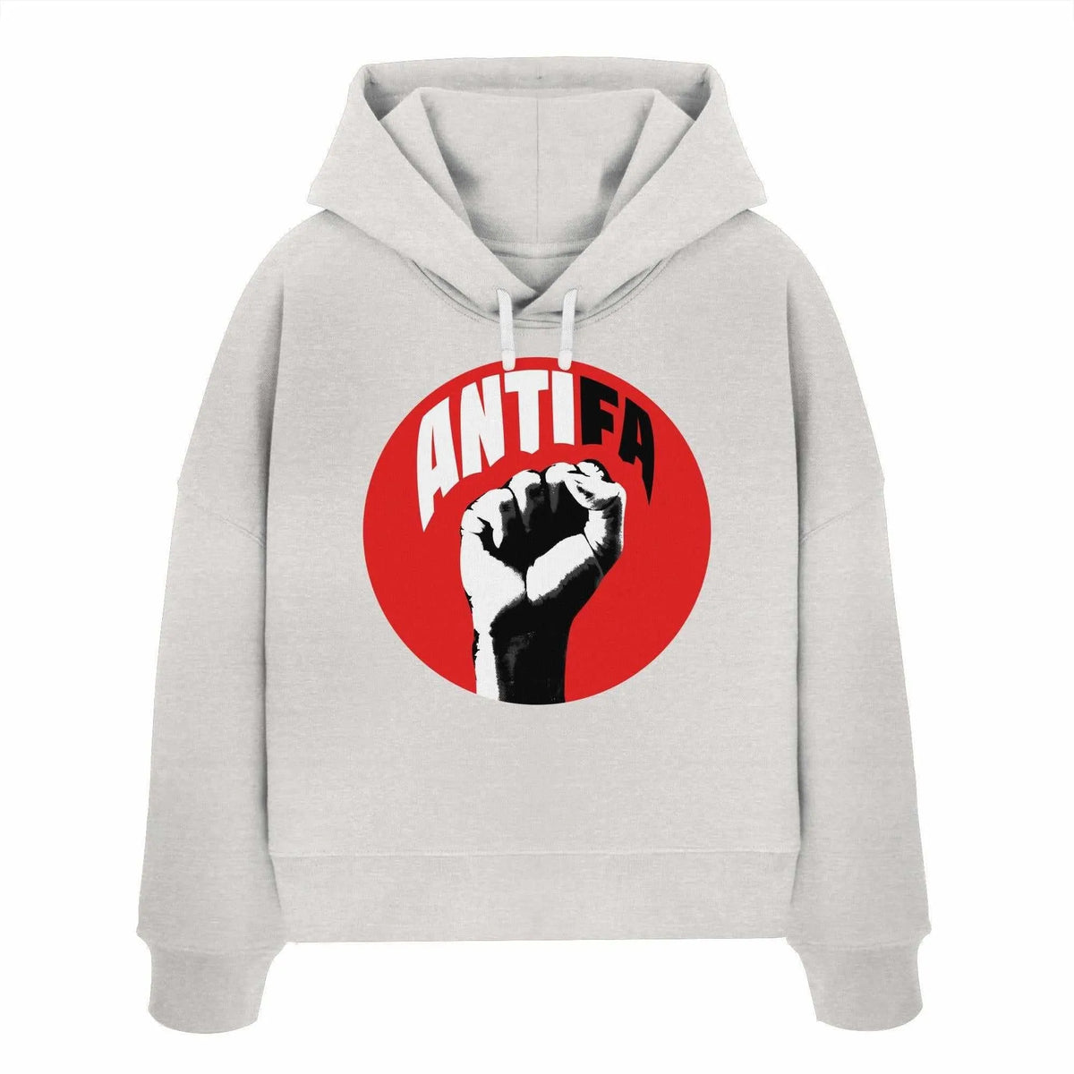 Hellgrauer Crop-Hoodie mit Kapuze, Kängurutasche und ANTIFA-Print im roten Kreis