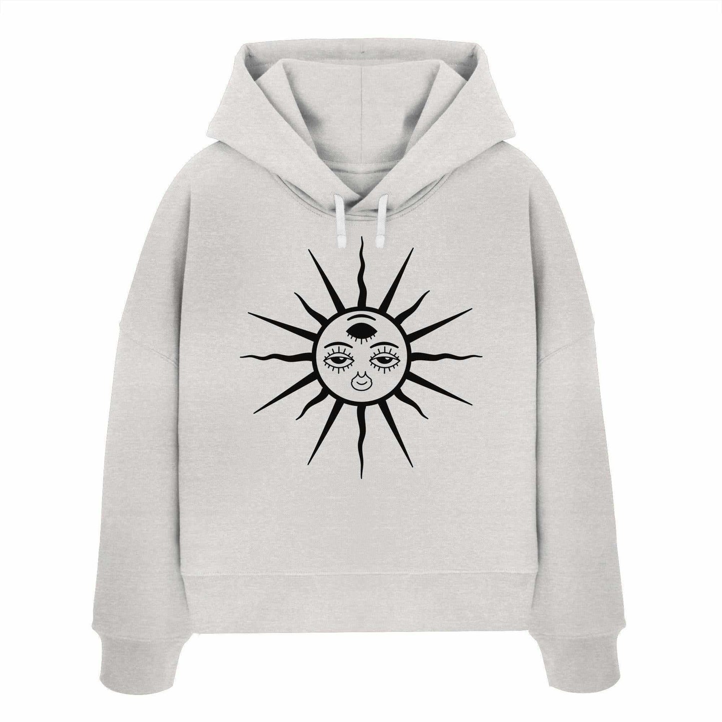 Vegan und Bio Crop Hoodie: The Sun - Third Eye Awakening mit Sonnenmotiv und drei Augen, aus 100% Bio-Baumwolle, ideal für Goa Raves.