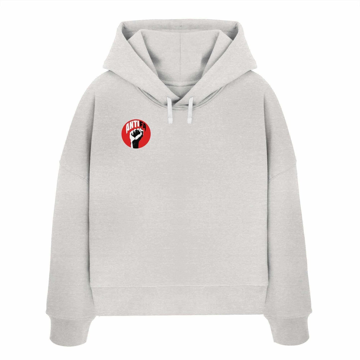 Vegan und Bio Crop Hoodie: Antifa - Gemeinsam gegen Rechts, zeigt eine schwarze Faust und steht für Liebe und Demokratie. Hergestellt aus 100% Bio-Baumwolle.