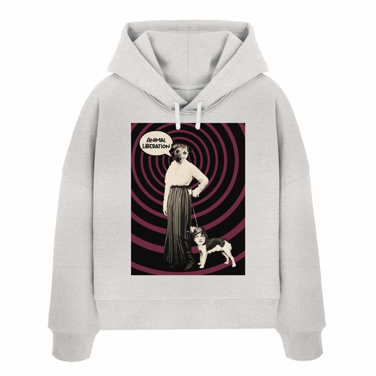 Vegan und Bio Crop Hoodie: Upside Down - Animal Liberation mit digitaler Collage einer Frau und einem Hund, betont Tierbefreiung und nachhaltige Mode.