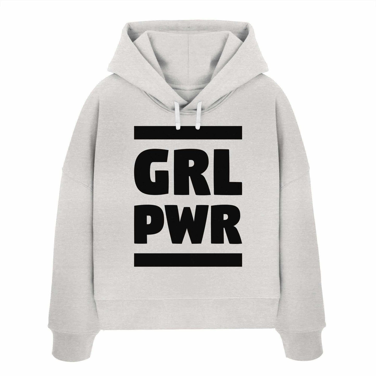 Vegan und Bio Crop Hoodie: GIRL POWER mit feministischer Botschaft, grauer Hoodie mit schwarzem Text, aus 100% Bio-Baumwolle, normale Passform, doppellagige Kapuze.