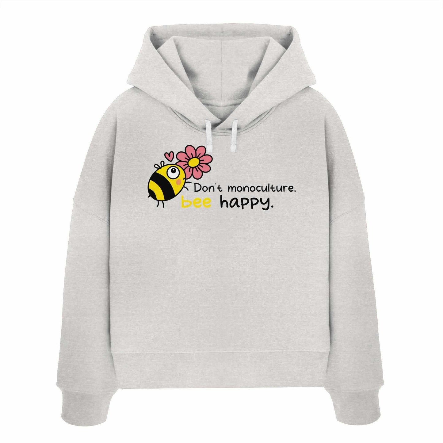 Vegan und Bio Crop Hoodie mit Bienen- und Blumenmotiv, aus 100% Bio-Baumwolle, von RUDE REBEL. Rebellisches Design für Naturschutz und Artenvielfalt.