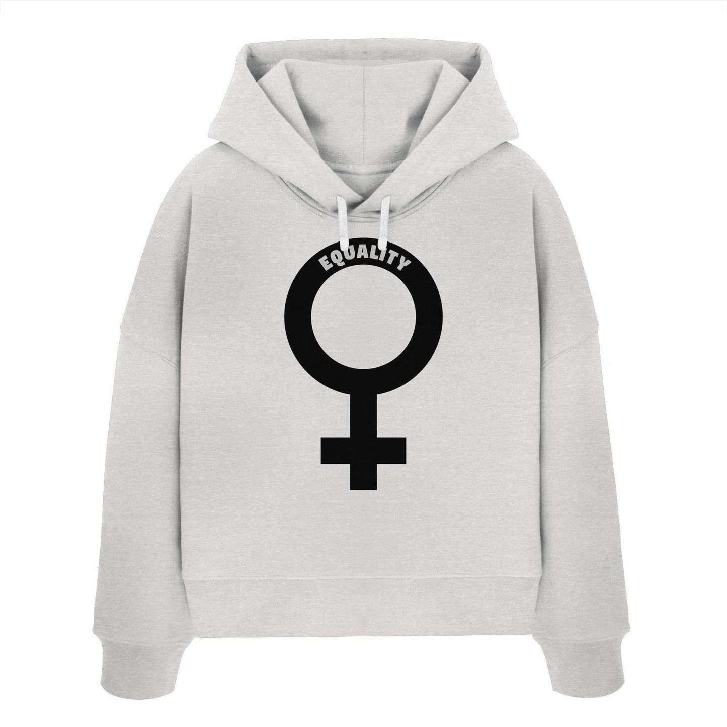Vegan und Bio Crop Hoodie mit Venussymbol, feministisches Design, grauer Sweatshirt-Stoff, doppellagige Kapuze und flache Kordel, aus 100% Bio-Baumwolle.