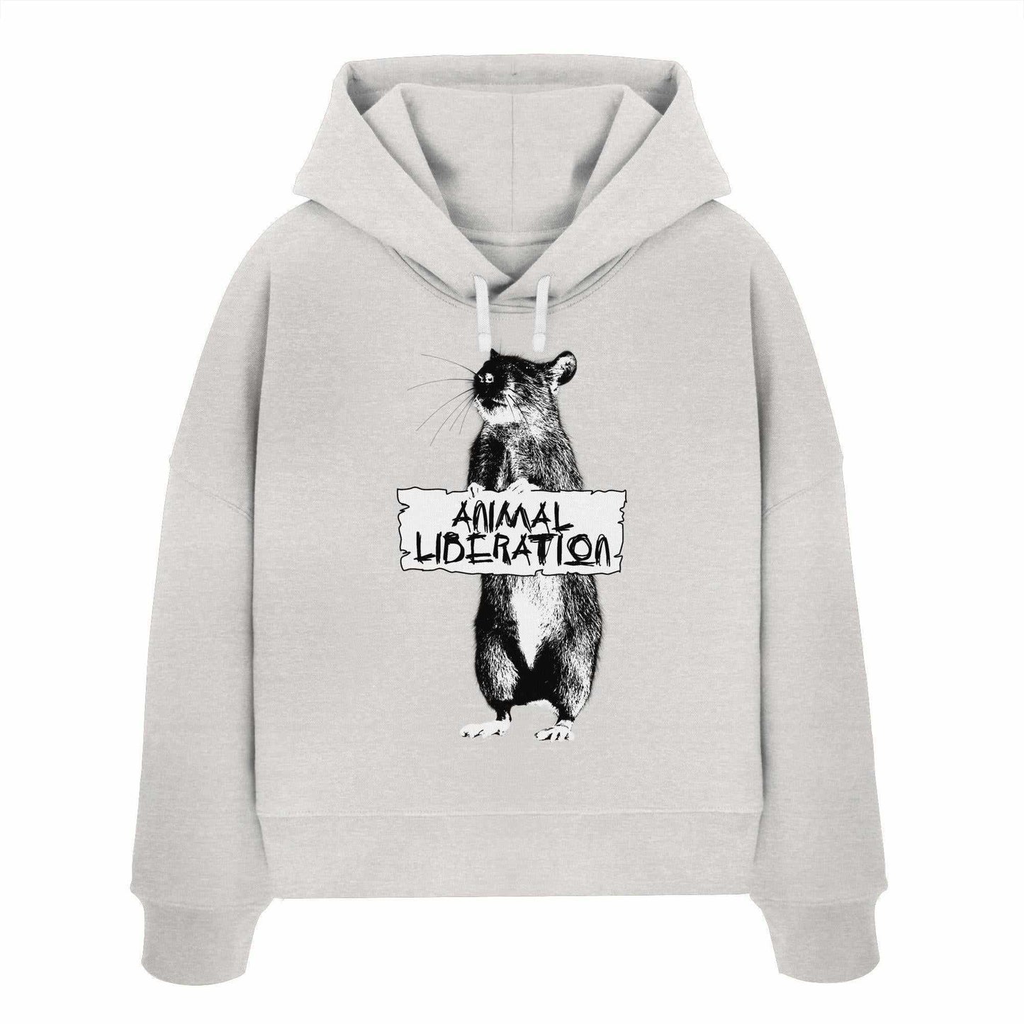 Vegan und Bio Crop Hoodie mit digitaler Collage eines Rattenmotivs inspiriert von Banksy, für Tierrechte. Bio-Baumwolle, Regular Fit, doppellagige Kapuze.