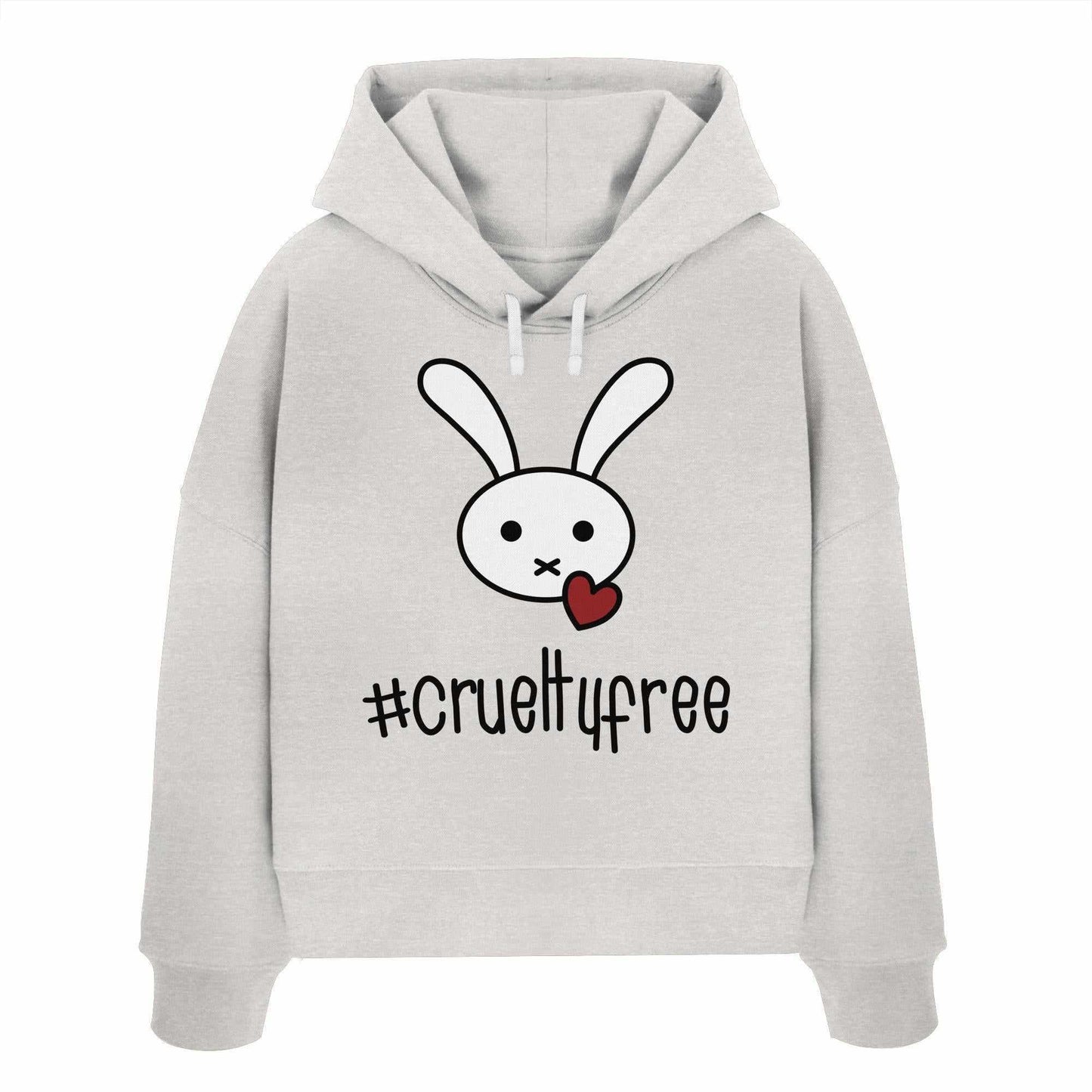 Vegan und Bio Crop Hoodie: Crueltyfree Bunny BIG zeigt einen weißen Hoodie mit Kaninchen- und Herzmotiv, gefertigt aus 100% Bio-Baumwolle, betont Tierschutz.