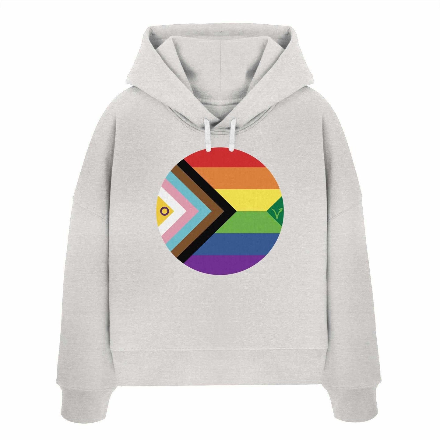 Vegan und Bio Crop Hoodie: LGBTQAI+ Veganismus, weiß mit einem Regenbogenkreis-Design, Kapuze mit flacher Kordel und abfallenden Schultern, aus 100% Bio-Baumwolle.