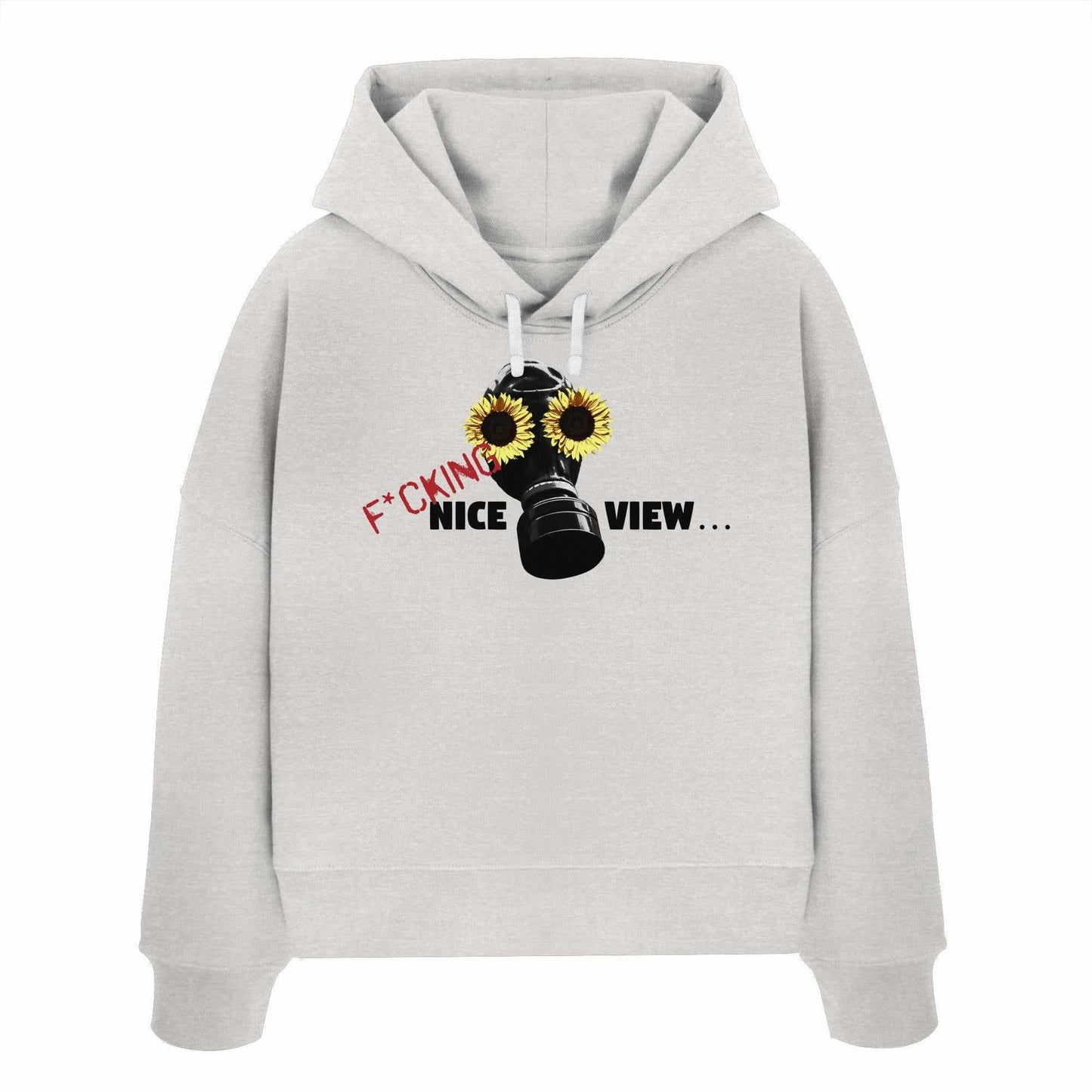 Vegan und Bio Crop Hoodie: Sunflower Mask - F*cking nice view... zeigt grauen Hoodie mit schwarzer Gasmaske und Sonnenblumen, aus 100% Bio-Baumwolle, rebellisches Design.