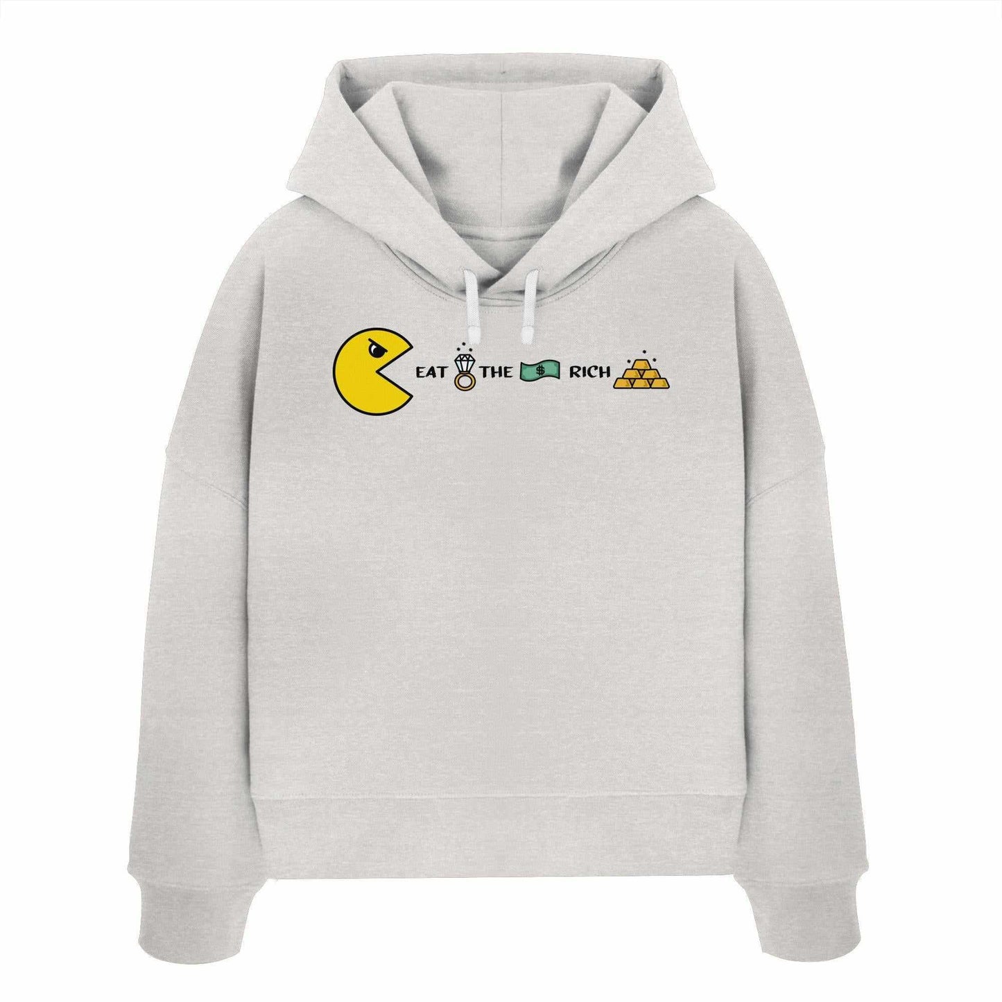 Vegan und Bio Crop Hoodie: PAC-MAN - Eat the rich, weißer Hoodie mit Cartoon-Charakter und Geldmotiv, aus 100% Bio-Baumwolle, mit doppellagiger Kapuze.