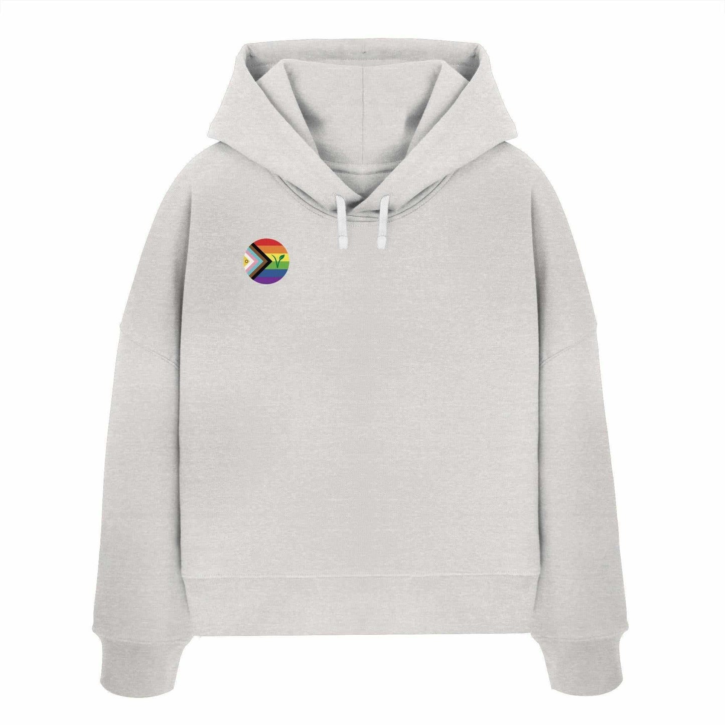 Vegan und Bio Crop Hoodie mit Regenbogen-Logo und veganem V, aus Bio-Baumwolle, doppellagige Kapuze, rebellisches Design, repräsentiert Tierrechte und LGBTQIA+ Unterstützung.