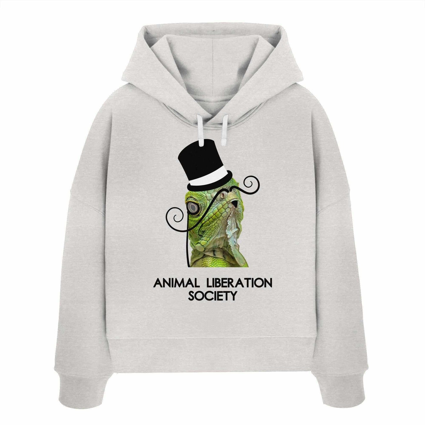 Vegan und Bio Crop Hoodie: Sir Reptile - Animal Liberation Society, zeigt einen grünen Lizard mit Zylinder, symbolisiert Tierrechte, hergestellt aus 100% Bio-Baumwolle.