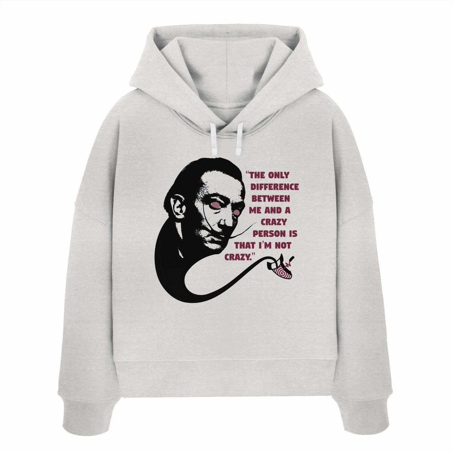Vegan und Bio Crop Hoodie: Crazy Dali, weiß, zeigt ein surrealistisches Gesichtsmotiv. Hergestellt aus 100% Bio-Baumwolle, mit regulärer Passform und abfallenden Schultern.