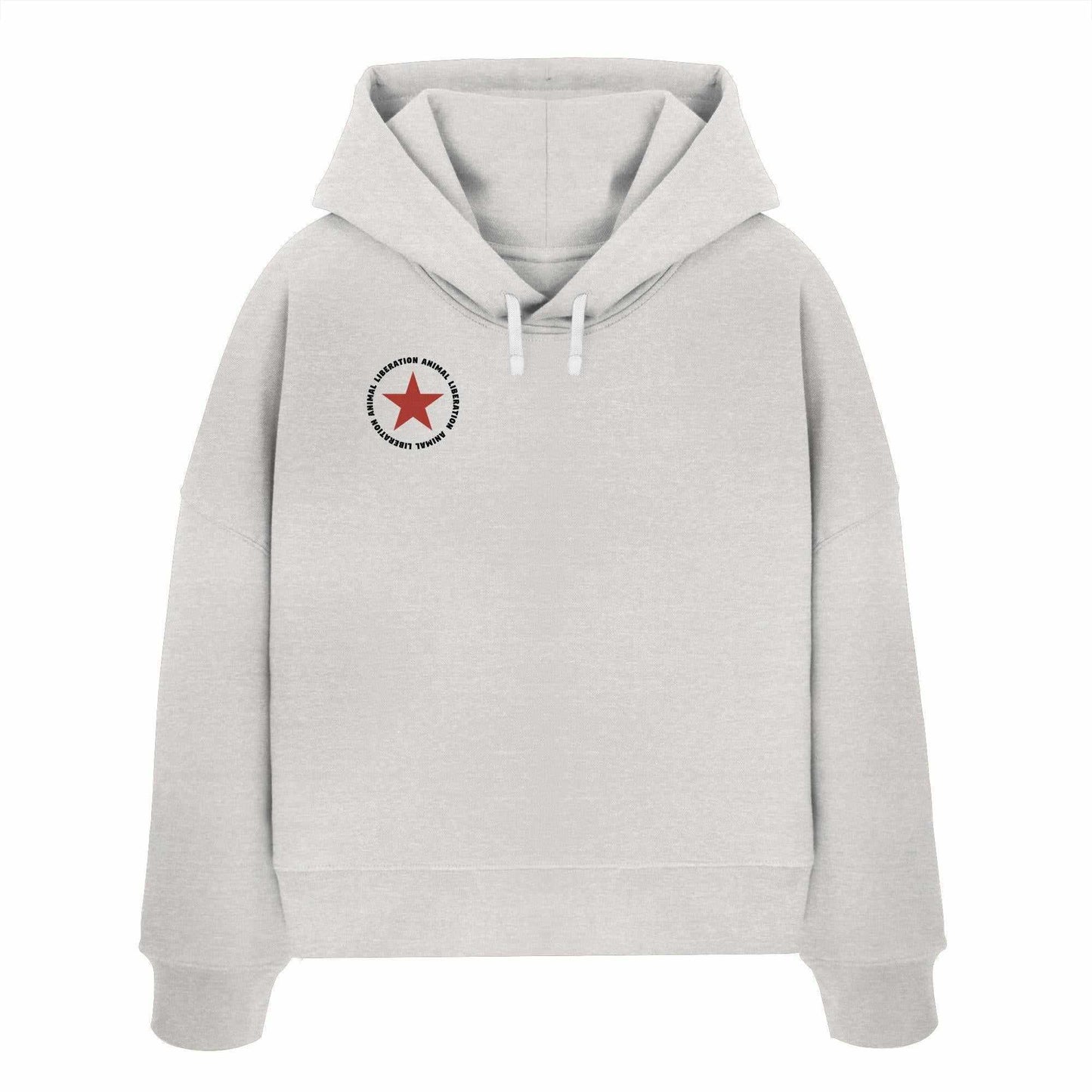Vegan und Bio Crop Hoodie: Red Star - Animal Liberation, weißer Hoodie mit rotem Stern, aus Bio-Baumwolle, doppellagige Kapuze, abfallende Schultern, Regular Fit.