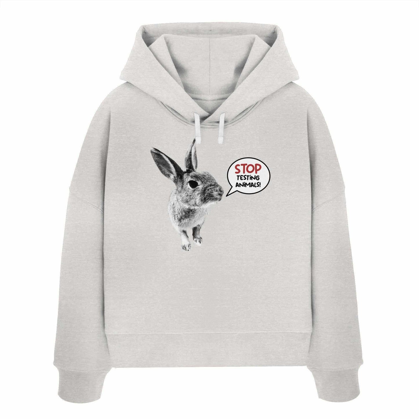 Vegan und Bio Crop Hoodie mit niedlichem Hasenmotiv und Botschaft STOP ANIMAL TESTING! auf grauem Hintergrund, aus 100% Bio-Baumwolle, reguläre Passform.