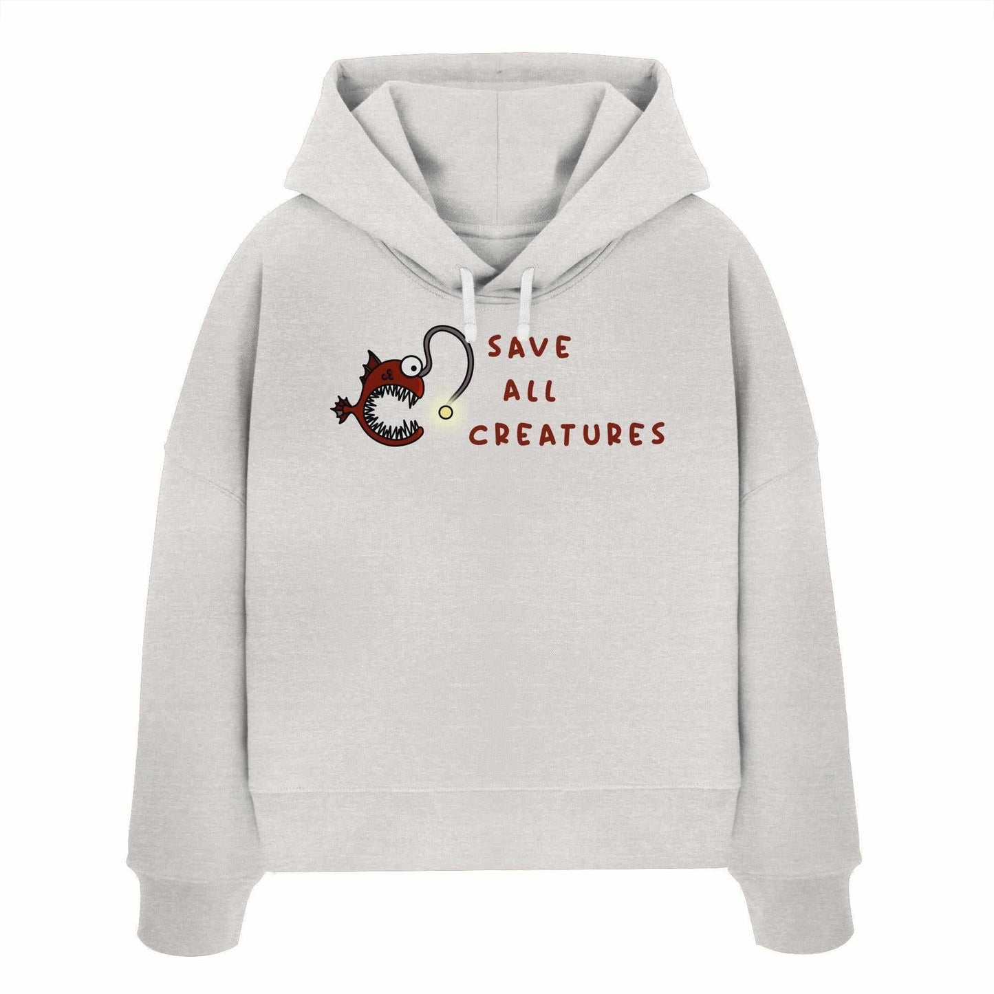 Weißer Bio-Crop-Hoodie mit Cartoon-Anglerfisch und Schriftzug, Teil der veganen und nachhaltigen Kollektion von RUDE REBEL, betont den Schutz aller Kreaturen.