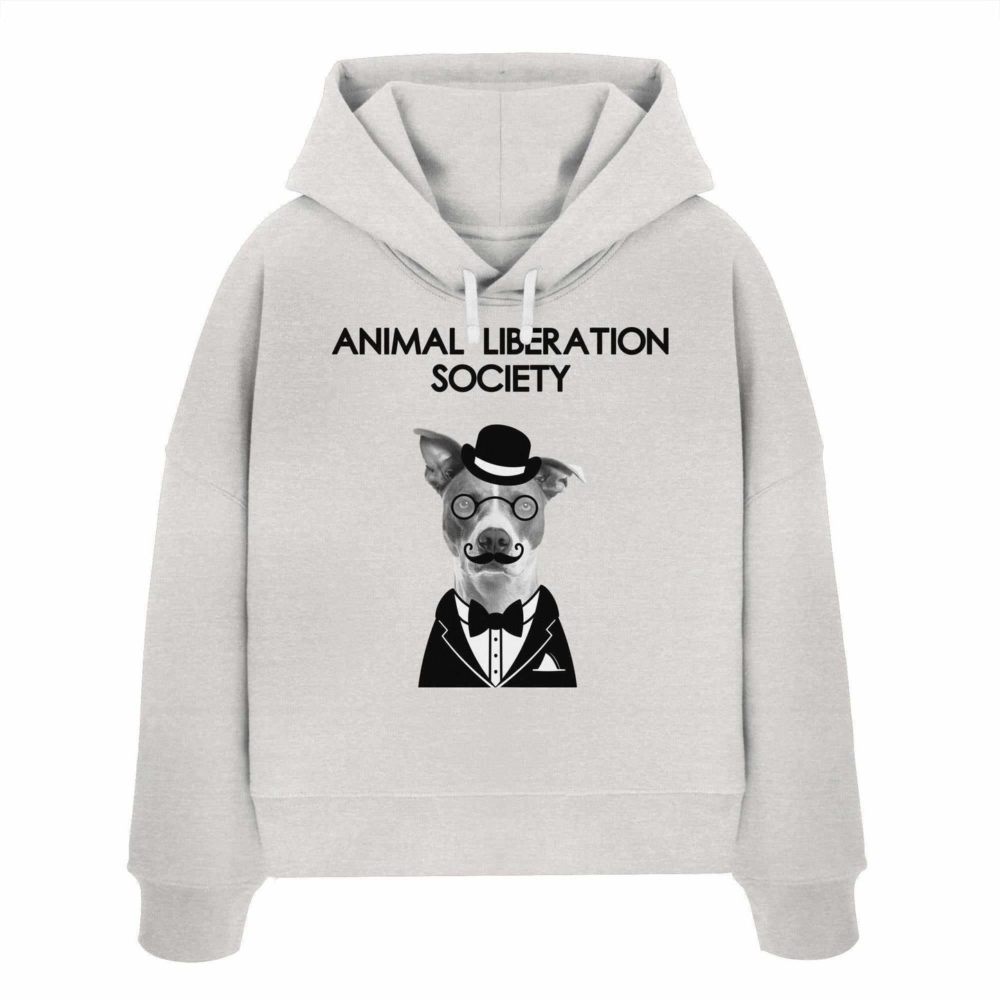 Vegan und Bio Crop Hoodie: Mr. Dog - Animal Liberation Society, grauer Hoodie mit Hundemotiv, Brille, Hut und Schnurrbart, aus 100% Bio-Baumwolle, doppellagige Kapuze.