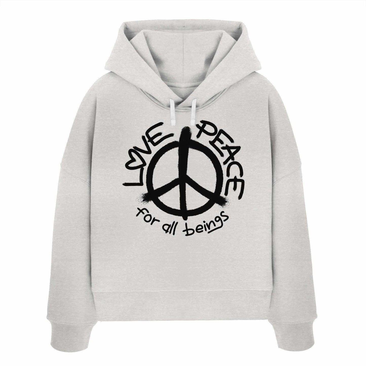 Vegan und Bio Crop Hoodie mit Peace-Symbol und Botschaft LOVE and PEACE for all beings, aus 100% Bio-Baumwolle, Regular Fit, doppellagige Kapuze.