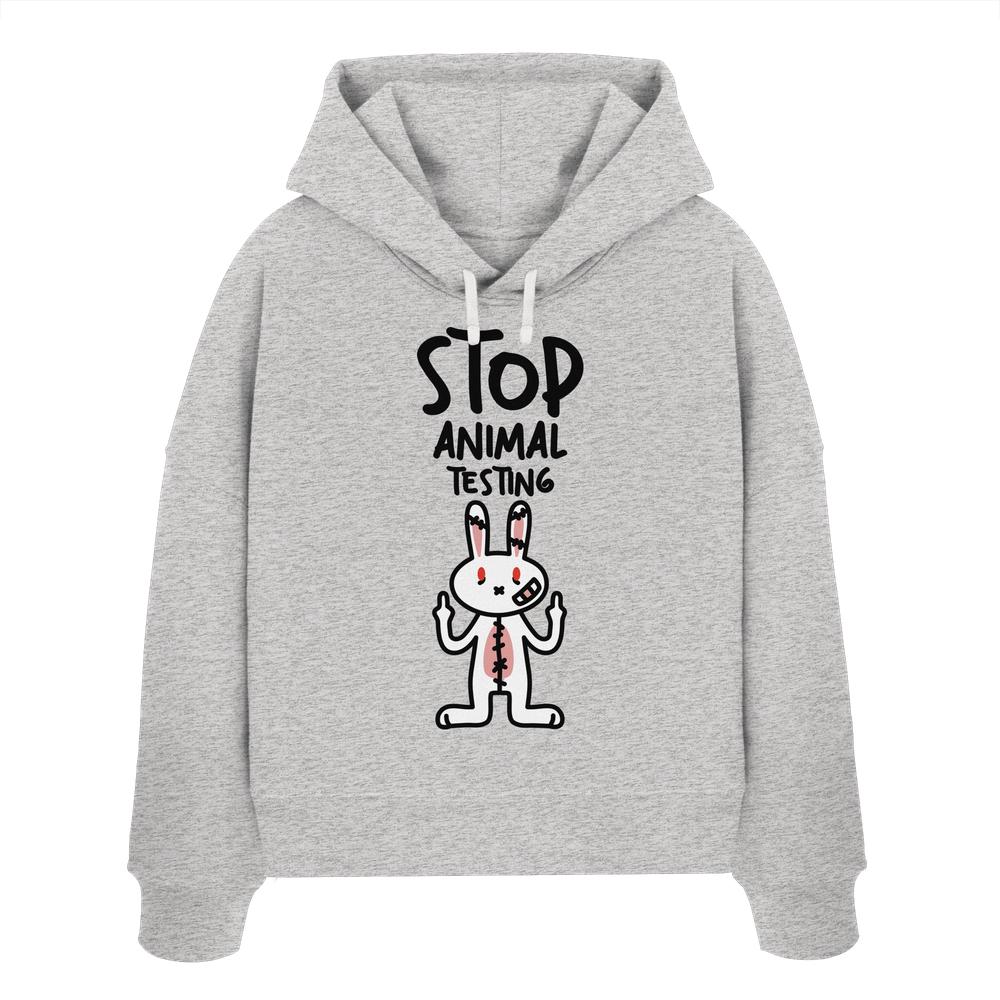 Grau melierter Crop-Hoodie mit Kapuze und Kordelzug, Hasenprint „STOP ANIMAL TESTING“.