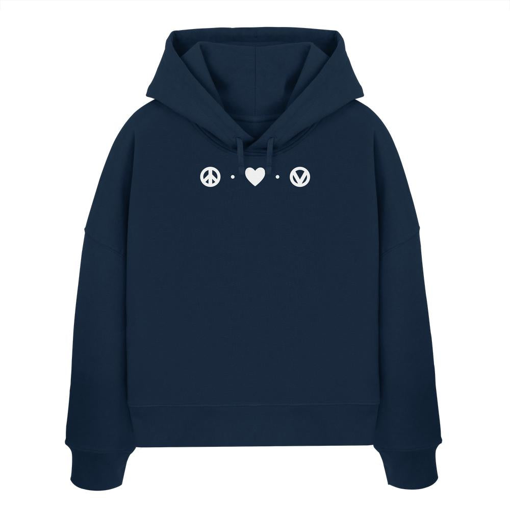 Vegan und Bio Crop Hoodie: Peace - Love - Veganism, blauer Hoodie mit weißem Peace-Symbol, aus 100% Bio-Baumwolle, schlichter Casual-Look, doppellagige Kapuze, abfallende Schultern.