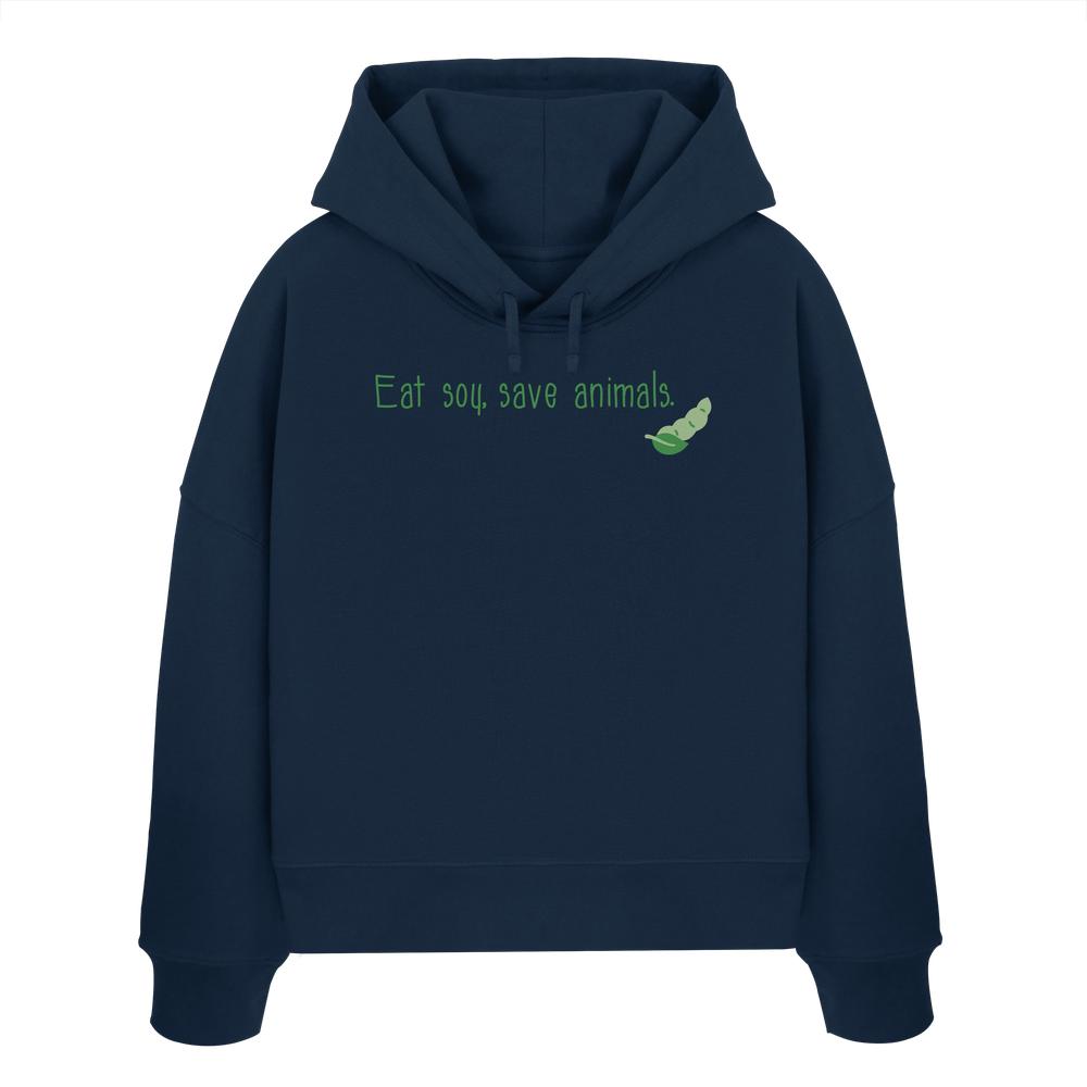 Vegan und Bio Crop Hoodie mit grünem Text Veganism - Eat soy, save animals. aus 100% Bio-Baumwolle, featuring eine doppellagige Kapuze und abfallende Schultern.