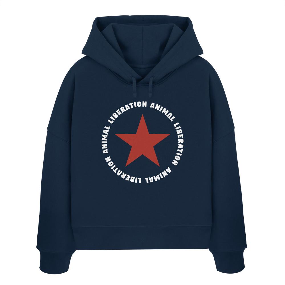 Vegan und Bio Crop Hoodie: Red Star and Animal Liberation, blauer Regular-Fit-Hoodie mit rotem Sternmotiv, doppellagiger Kapuze, aus 100% Bio-Baumwolle, abfallende Schultern.