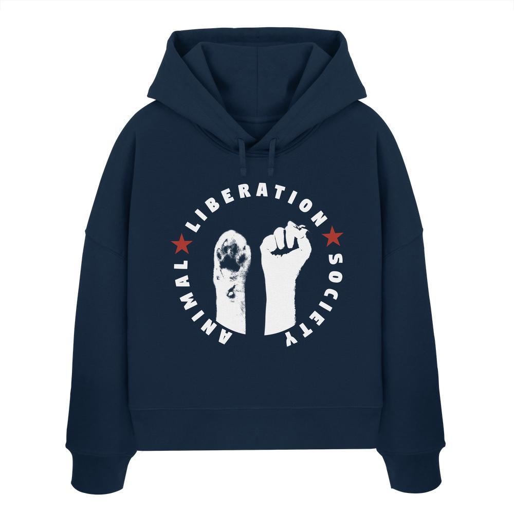 Vegan und Bio Crop Hoodie: Raise paw and fist for Animal Liberation! mit weißem Text, rotem Stern und Faust-Design auf blauer Kapuze.