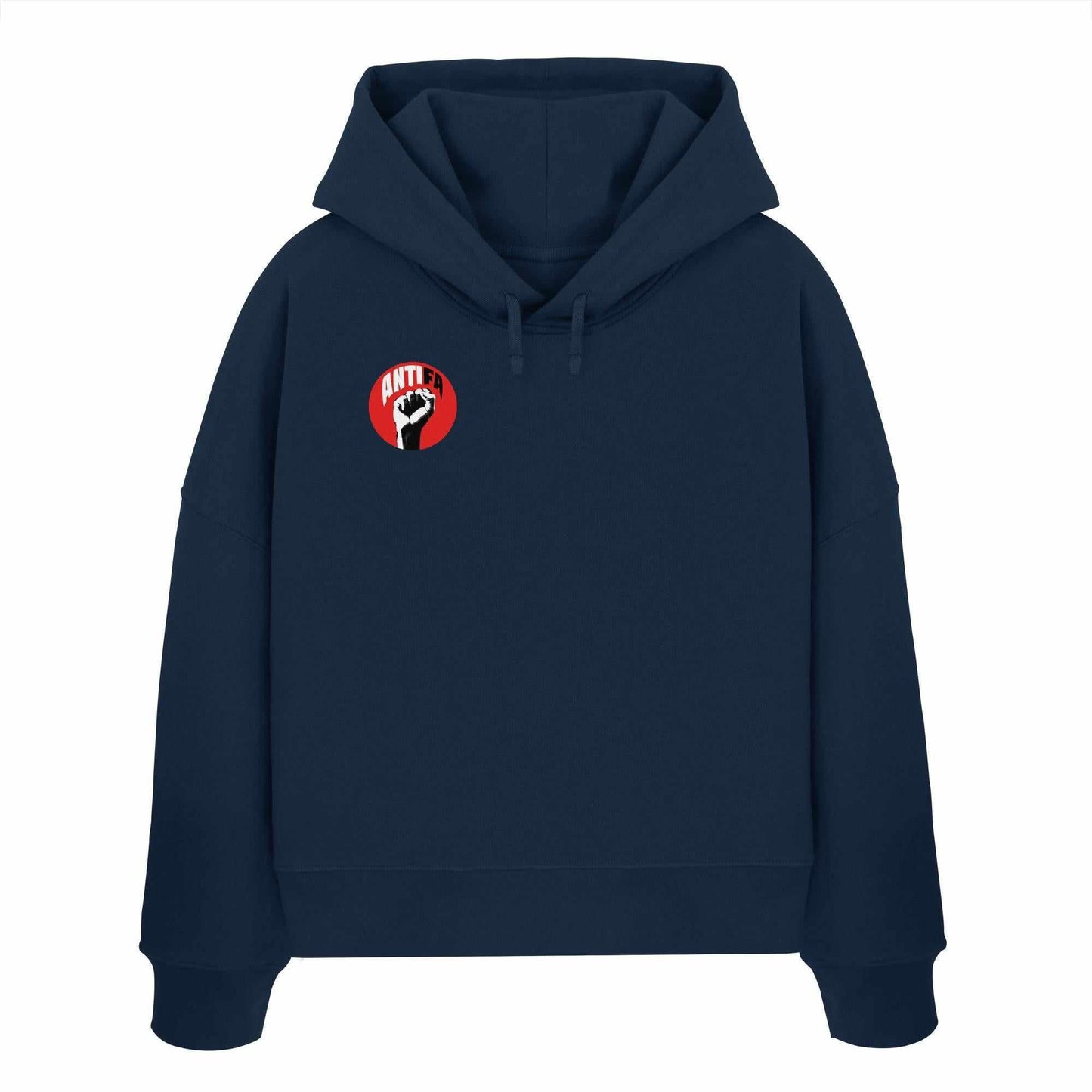 Vegan und Bio Crop Hoodie mit kämpferischem Design, schwarzer Faust-Logo; doppellagige Kapuze, Bio-Baumwolle. Symbol für Antifa, hergestellt von RUDE REBEL.