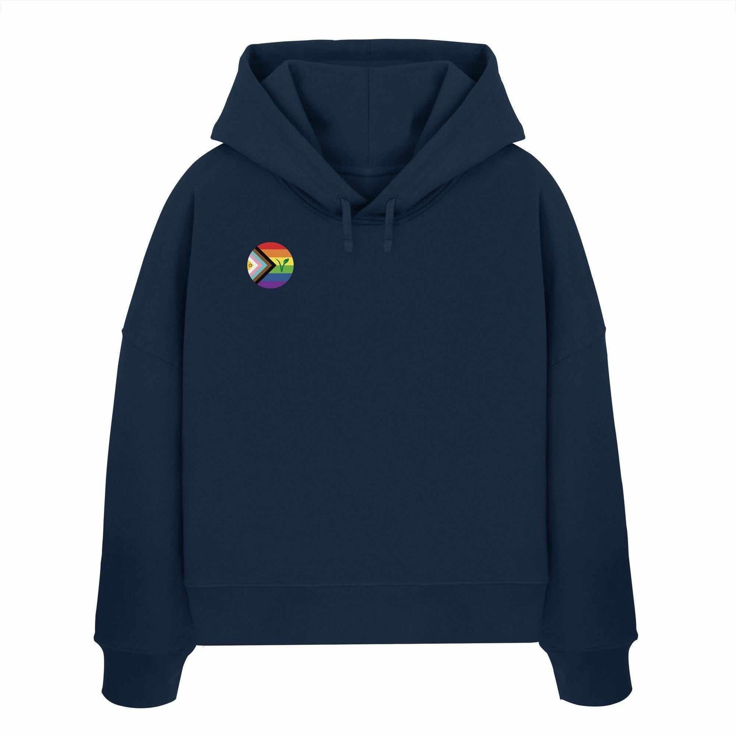 Vegan und Bio Crop Hoodie mit regenbogenfarbenem Logo und Blattmotiv, aus 100% Bio-Baumwolle, Kapuze und flacher Kordel, von RUDE REBEL.