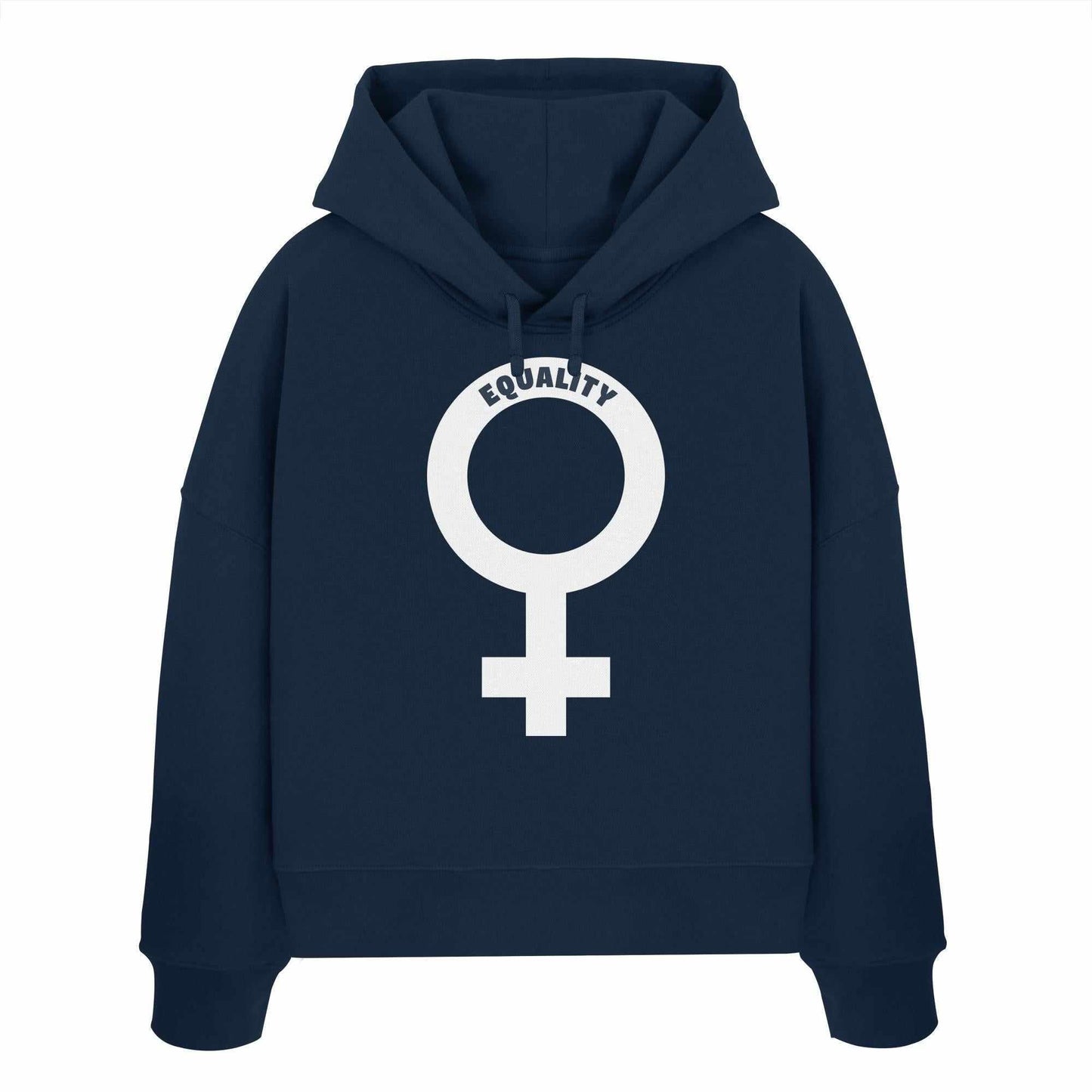 Vegan und Bio Crop Hoodie mit Venussymbol, feministisches Design, aus 100% Bio-Baumwolle, abfallende Schultern, doppellagige Kapuze, von RUDE REBEL.