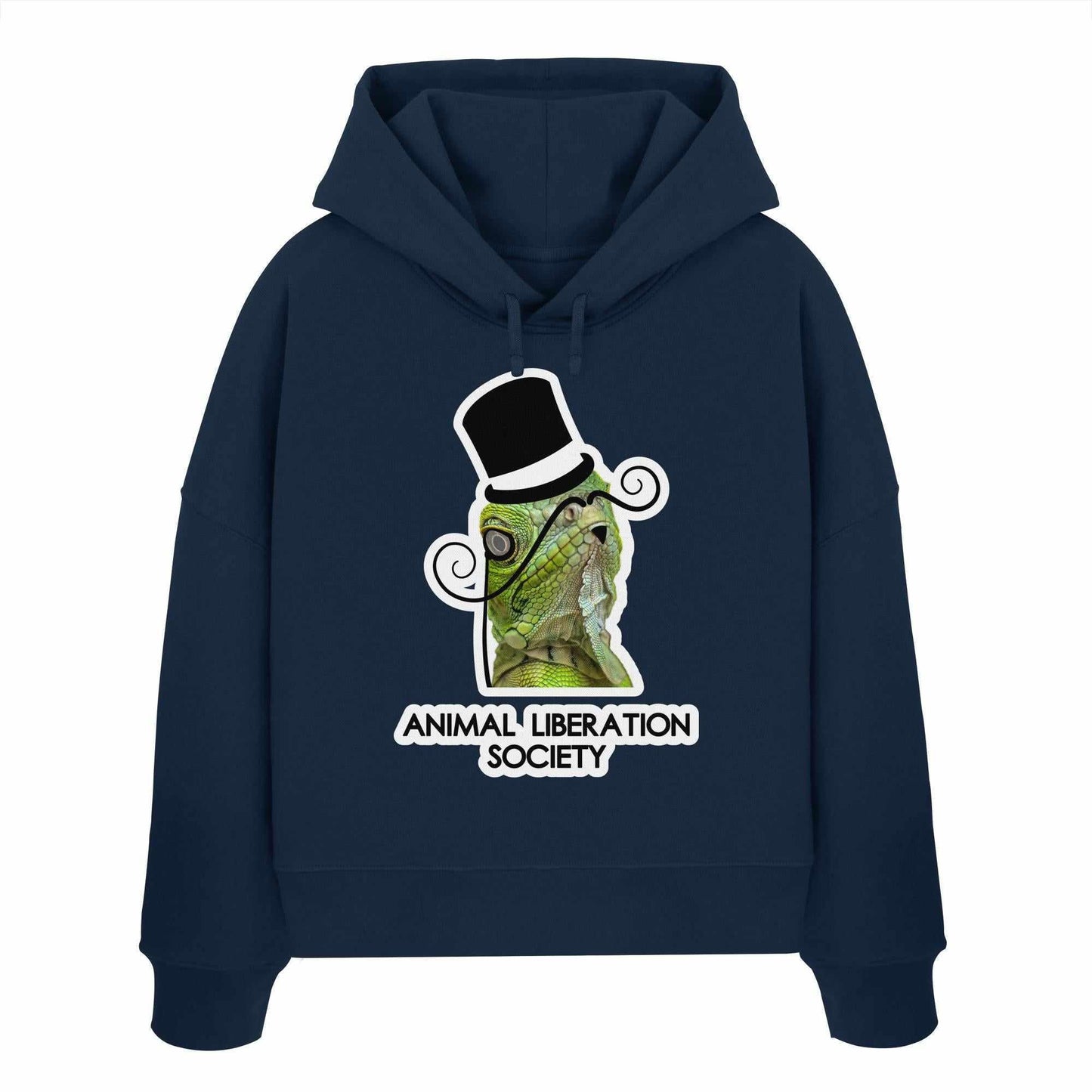 Vegan und Bio Crop Hoodie: Sir Reptile - Animal Liberation Society, blauer Hoodie mit einem stilvollen Hut- und Schnurrbart-tragenden Echsenmotiv.