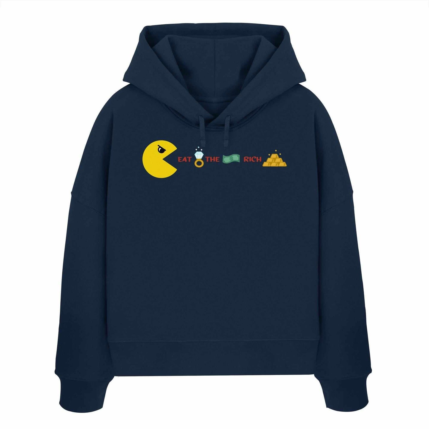 Vegan und Bio Crop Hoodie: PAC-MAN - Eat the rich, blauer Hoodie mit Pac-Man-Design, doppellagiger Kapuze, aus 100% Bio-Baumwolle, Regular Fit, von RUDE REBEL.