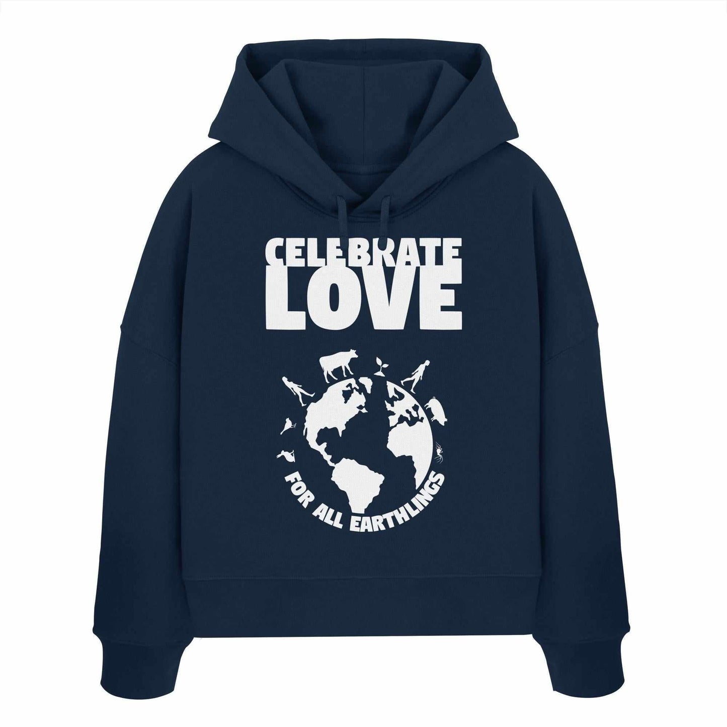 Vegan und Bio Crop Hoodie mit Grafikdesign und Schriftzug Celebrate Love For All Earthlings, inklusive Umrissen von Menschen und Globus-Symbolen, aus 100% Bio-Baumwolle.