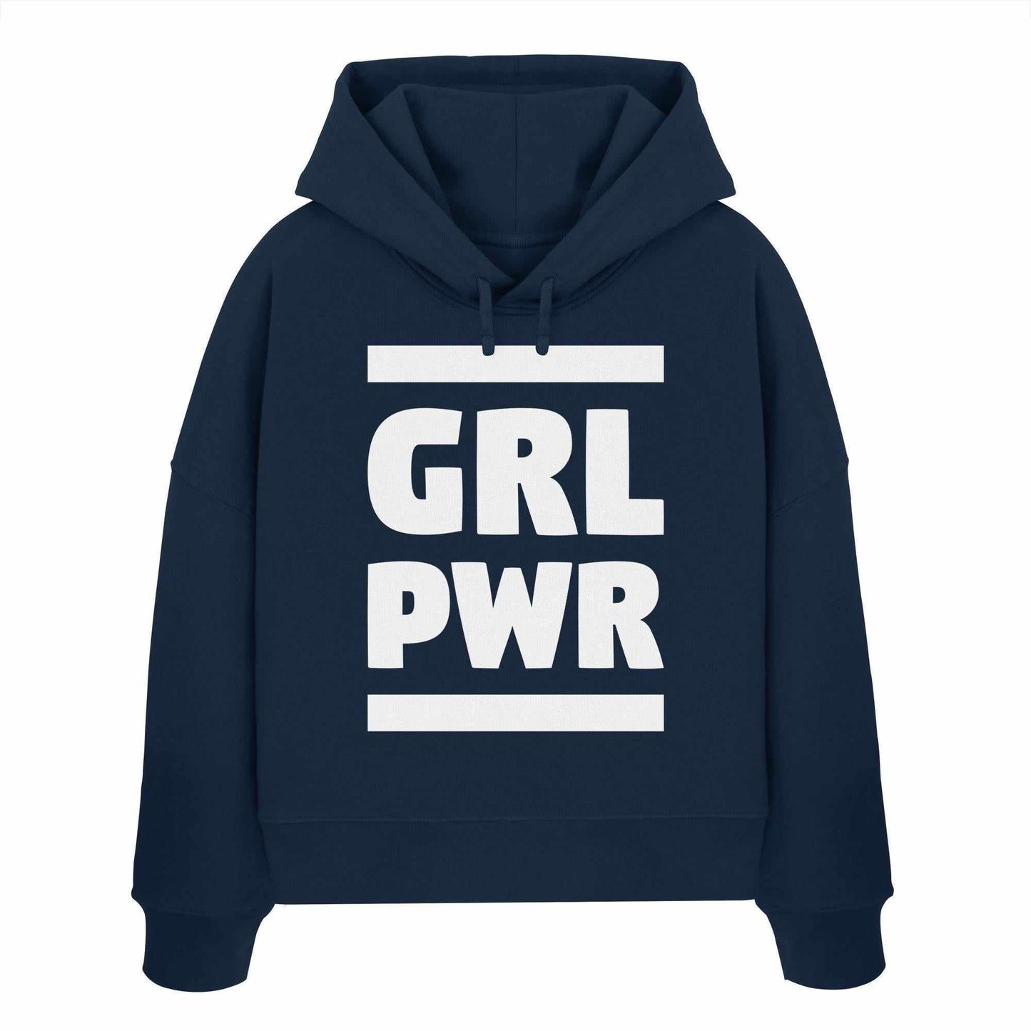 Vegan und Bio Crop Hoodie: GIRL POWER, blau mit weißem Text, aus 100% Bio-Baumwolle, doppellagige Kapuze, abfallende Schultern, feministische Botschaft.