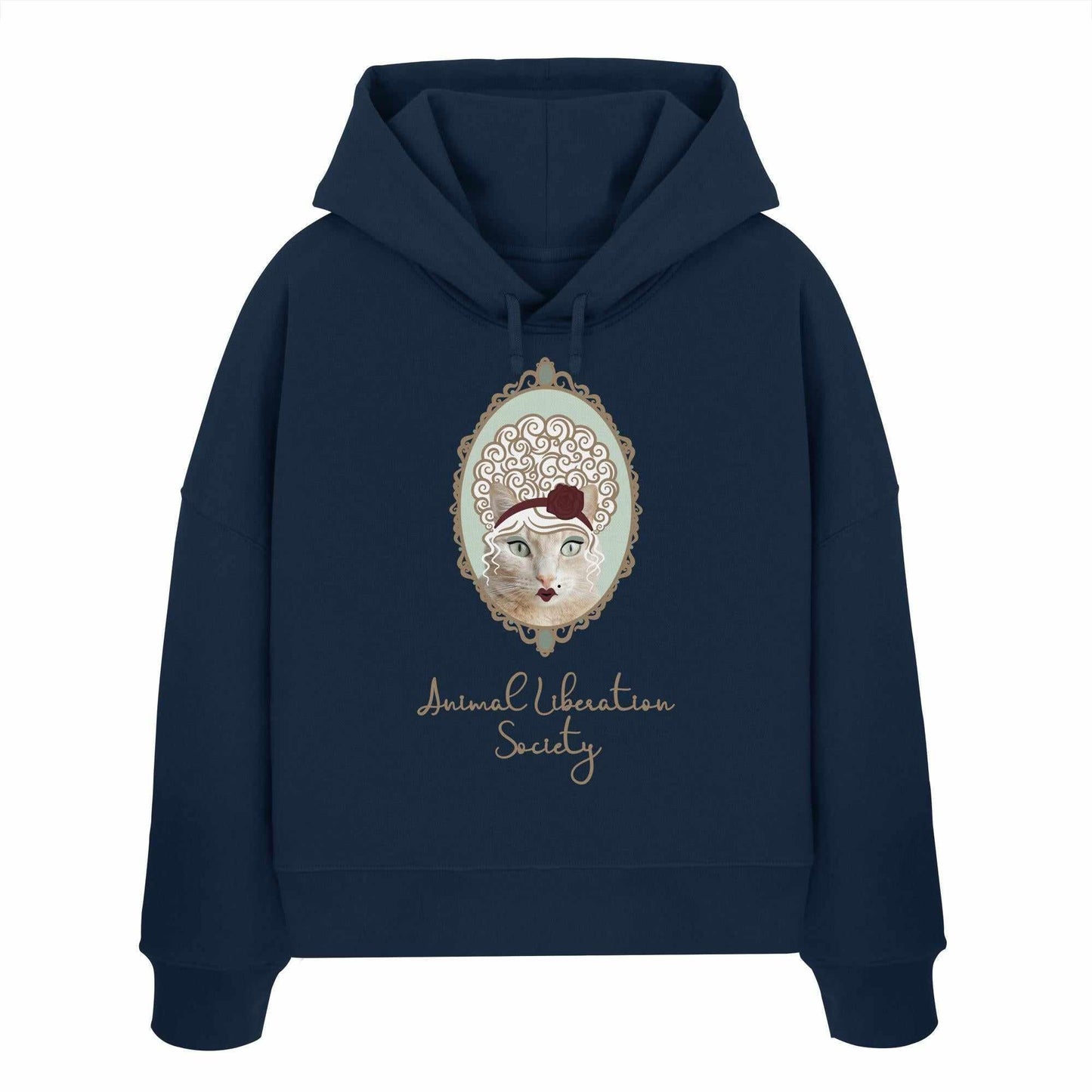 Vegan und Bio Crop Hoodie: Miss Cat - Animal Liberation Society zeigt ein Cartoon-Katzenmotiv, inspiriert von Tierrechten, auf einem blauen Hoodie aus 100% Bio-Baumwolle.