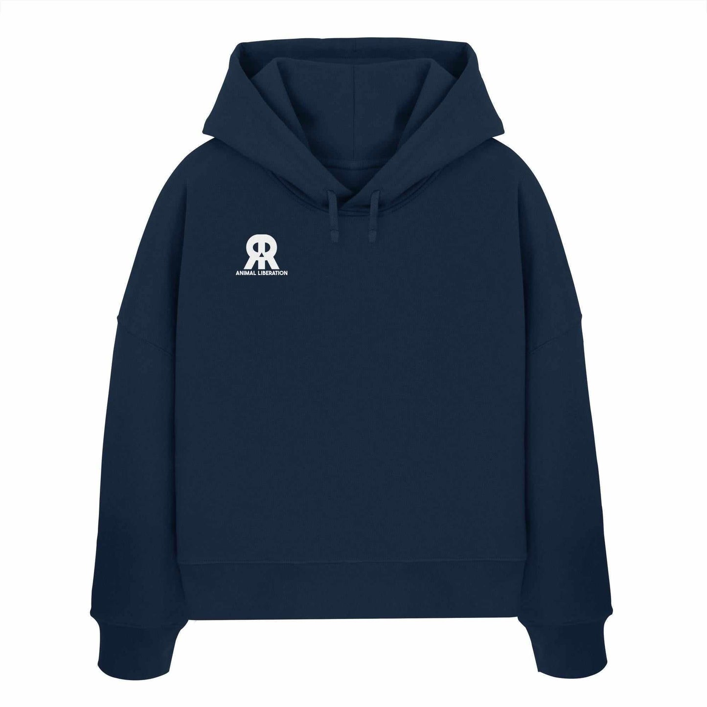 Vegan und Bio Crop Hoodie: RUDE REBEL Skull - Animal Liberation mit weißem Logo. Kapuze, Abfallende Schultern, aus 100% Bio-Baumwolle, rebellisches Design.