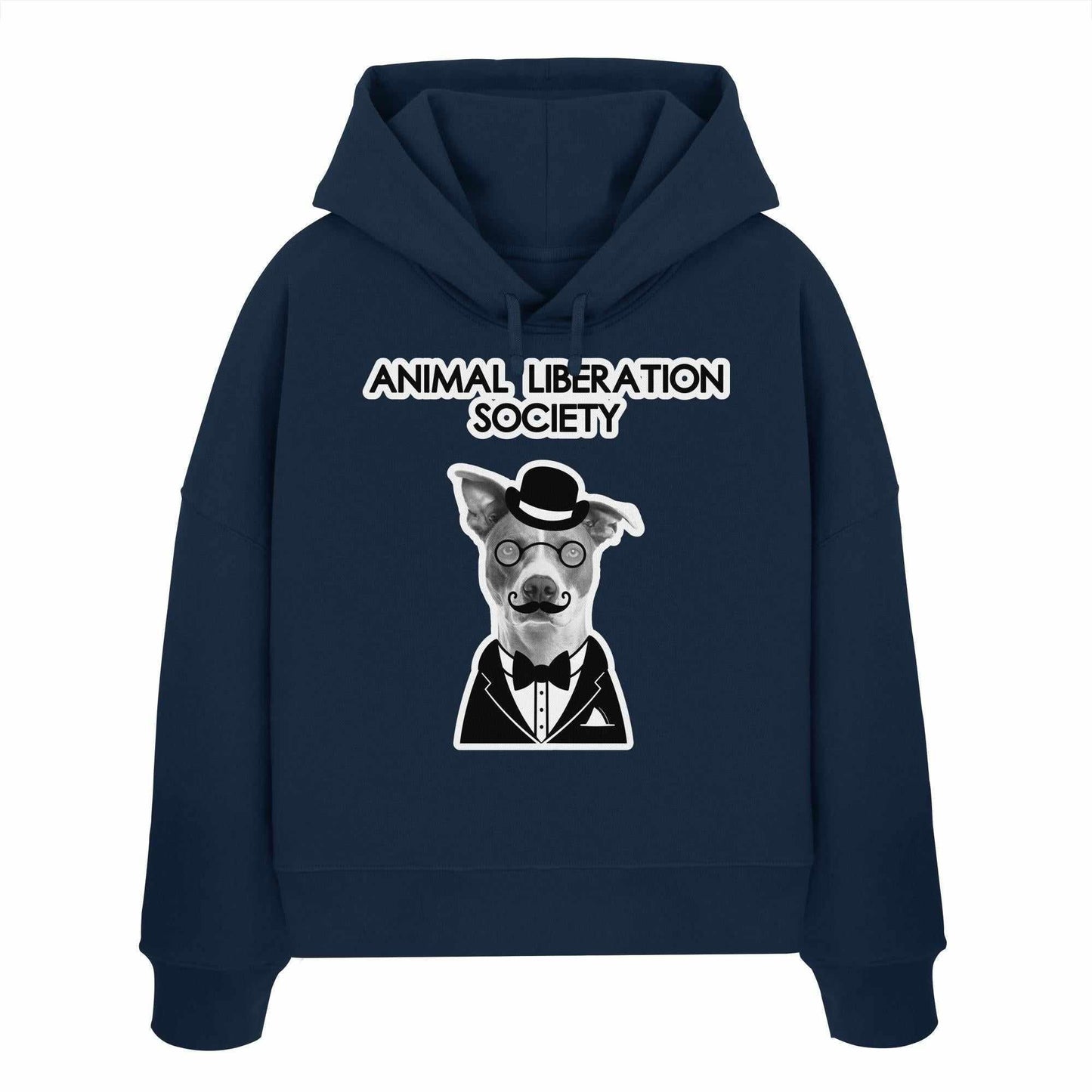 Vegan und Bio Crop Hoodie: Mr. Dog - Animal Liberation Society, zeigt einen Hund mit Hut und Schnurrbart auf einem blauen Sweatshirt, symbolisiert Tierrechte.