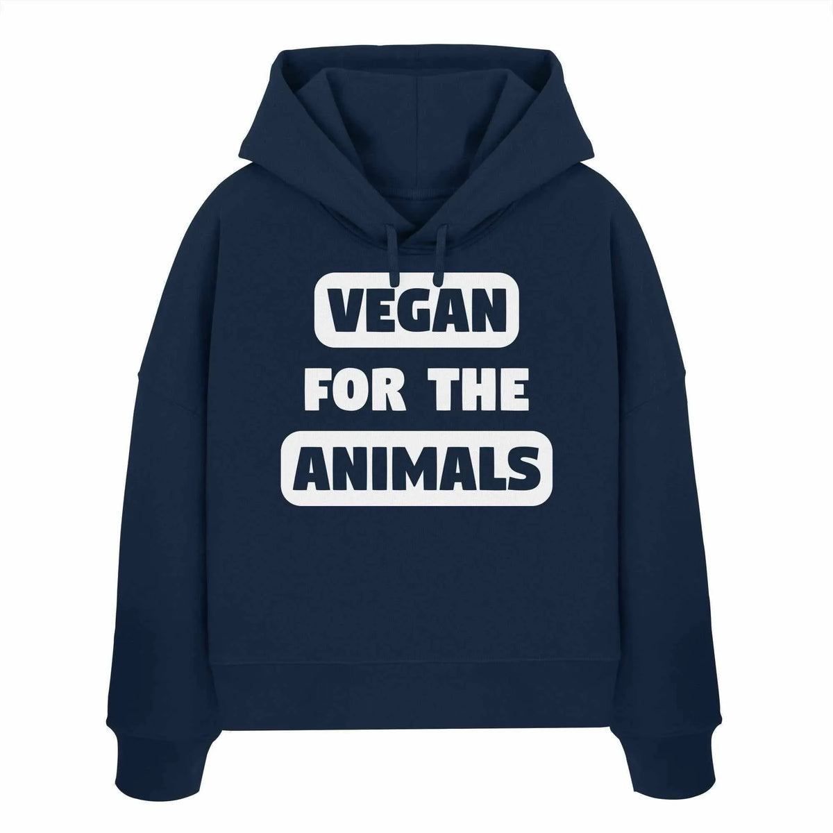 Dunkelblauer Crop-Hoodie mit Kapuze, Kordelzug und großem „VEGAN FOR THE ANIMALS“-Print