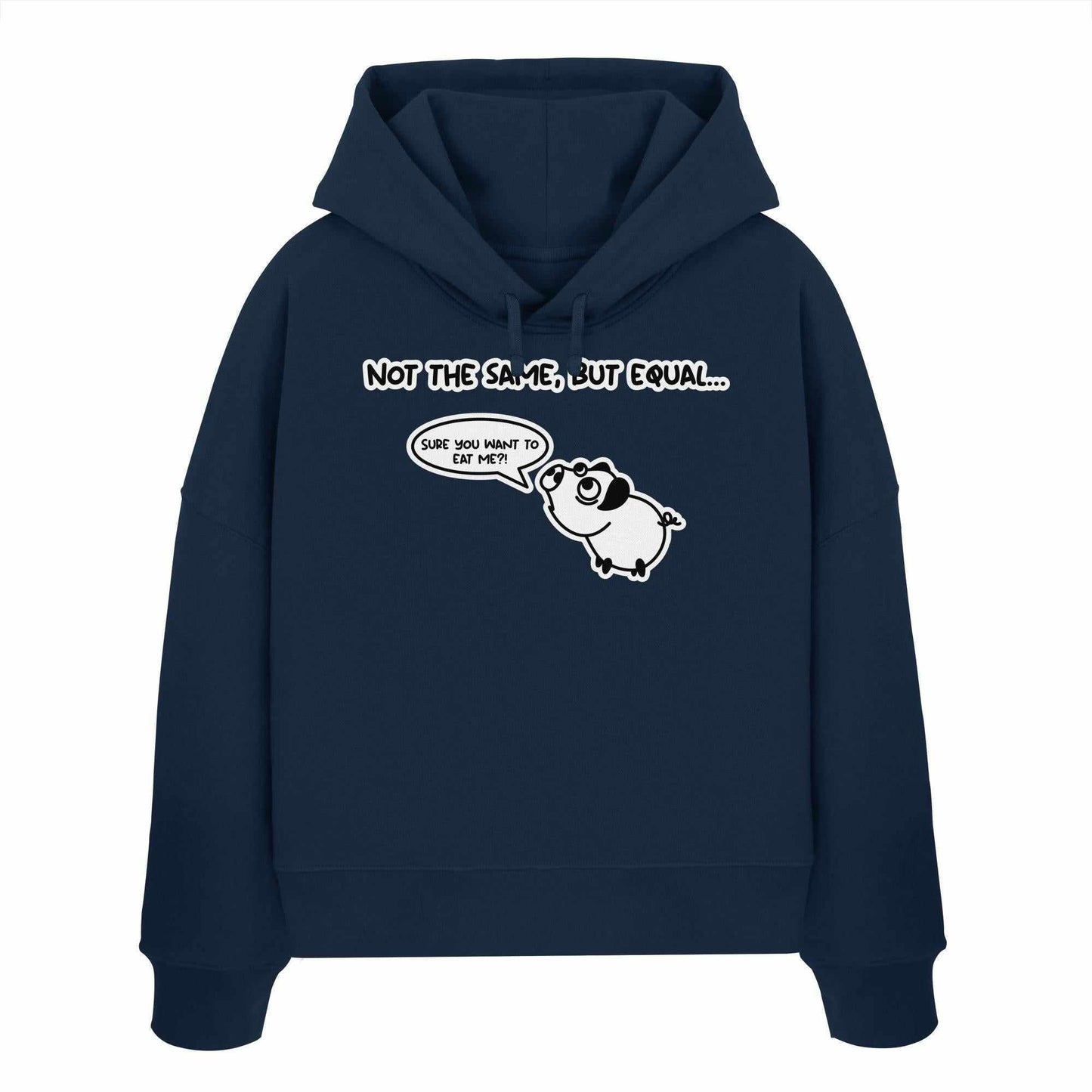 Vegan und Bio Crop Hoodie mit niedlichem Cartoon-Schwein, das Hundelaute übt, aus 100% Bio-Baumwolle, rebellisches Design von RUDE REBEL.