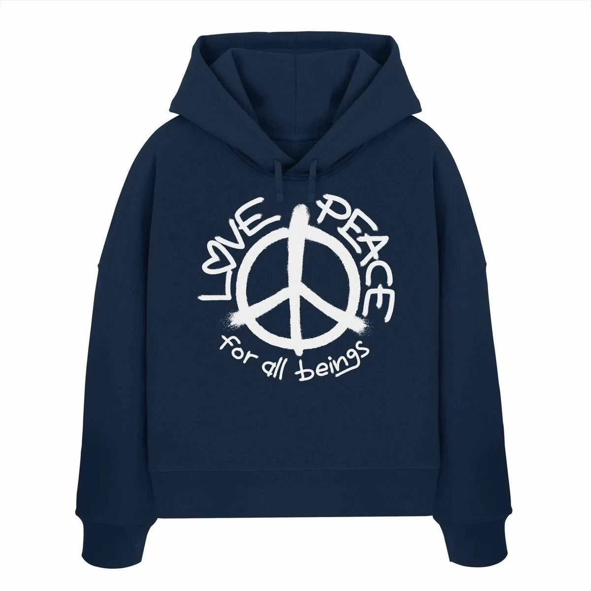 Crop-Hoodie in Dunkelblau mit Peace-Logo, Kordelzug und großer Frontgrafik