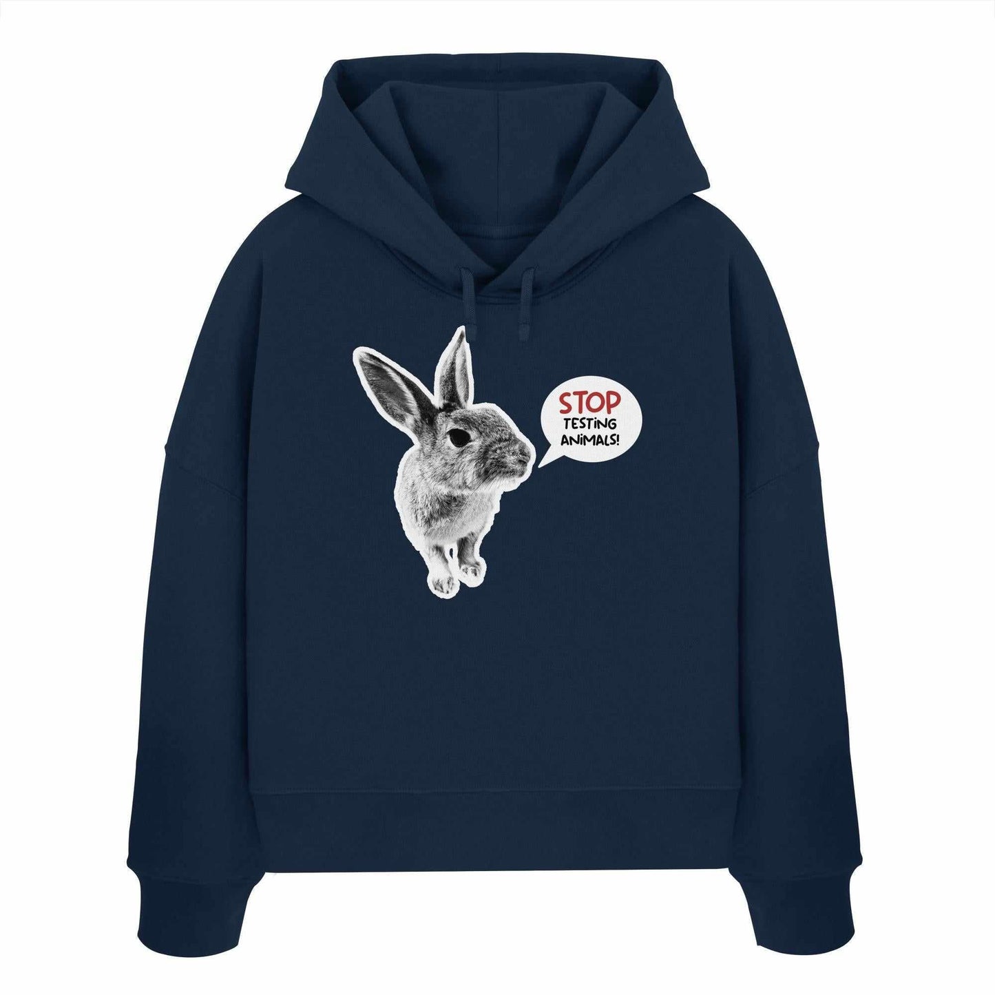 Vegan und Bio Crop Hoodie mit Kaninchenmotiv und Statement STOP ANIMAL TESTING!, aus 100% Bio-Baumwolle, designed von RUDE REBEL für Tierrechte-Bewusstsein.