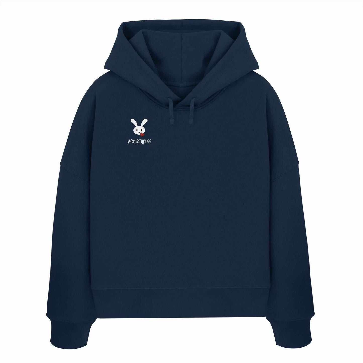 Vegan und Bio Crop Hoodie mit Crueltyfree Bunny-Design, zeigt weißen Hasen mit Herz im Mund, hergestellt aus 100% Bio-Baumwolle, betont Tierrechte und Nachhaltigkeit.