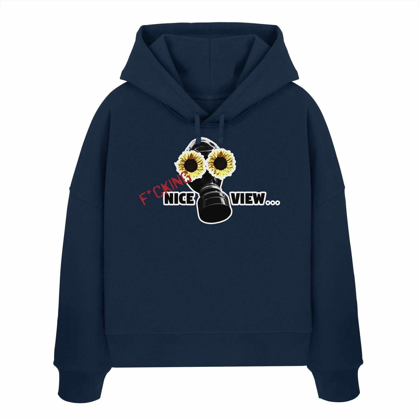 Vegan und Bio Crop Hoodie: Sunflower Mask - F*cking nice view..., blauer Hoodie mit Gasmaske, dekoriert mit Sonnenblumen, aus 100% Bio-Baumwolle, von RUDE REBEL.