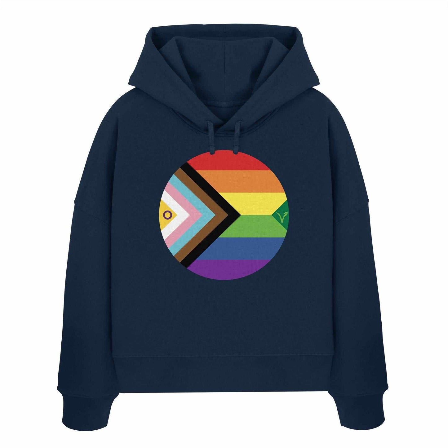 Vegan und Bio Crop Hoodie: LGBTQAI+ Veganismus, blauer Sweatshirt mit Regenbogenkreis und Fischmotiv, verkörpert Freiheit und Tierrechte, aus 100% Bio-Baumwolle.