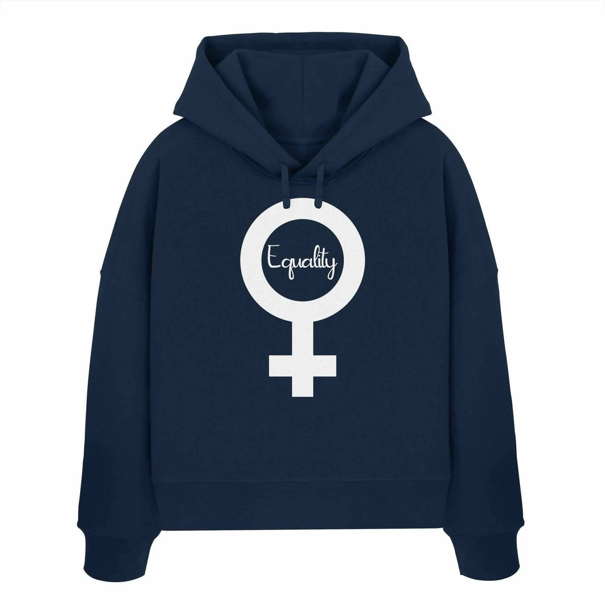 Crop-Hoodie in Dunkelblau mit Kapuze und Kordel; großer Equality-Symbol-Druck vorn