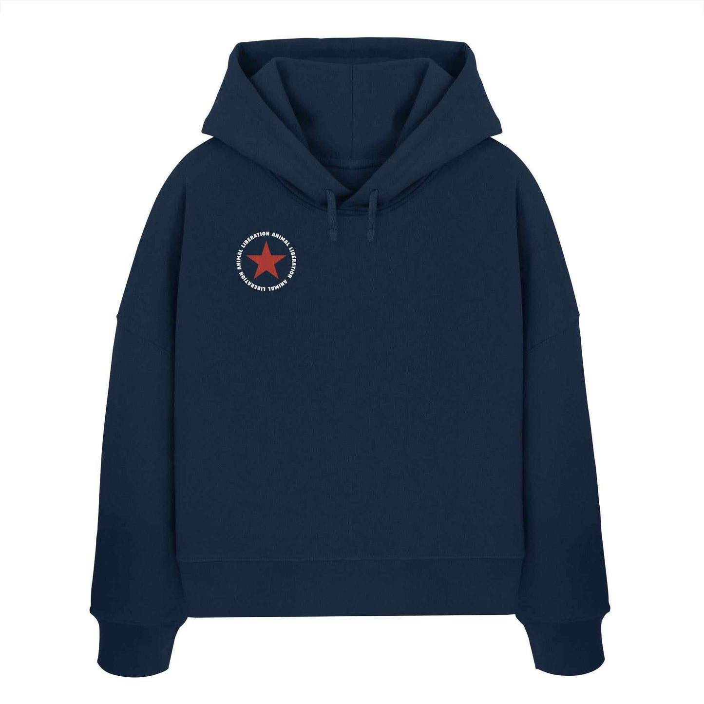 Vegan und Bio Crop Hoodie: Red Star - Animal Liberation, blauer Hoodie mit rotem Stern, 100% Bio-Baumwolle, doppellagige Kapuze, rebellisches Design von RUDE REBEL.
