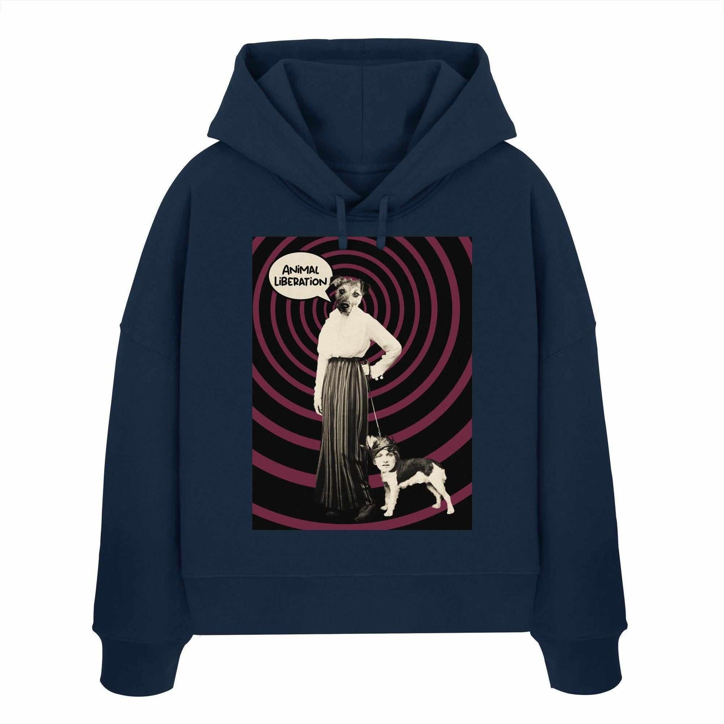 Vegan und Bio Crop Hoodie: Upside Down - Animal Liberation, zeigt eine digitale Collage einer Frau mit einem Hund, inspiriert von Tierschutz.