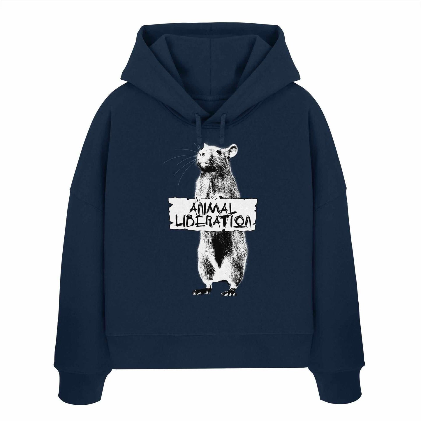 Vegan und Bio Crop Hoodie mit Bärenmotiv, inspiriert von Banksy's Street Art, aus 100% Bio-Baumwolle, regulärer Schnitt, doppellagige Kapuze, für Tierrechte.