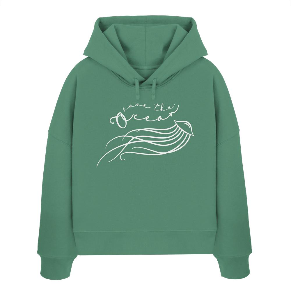 Vegan und Bio Crop Hoodie: Jellyfish - Save the Ocean, zeigt eine minimalistische Qualle und den Aufruf Save the Ocean auf einem grünen Sweatshirt.